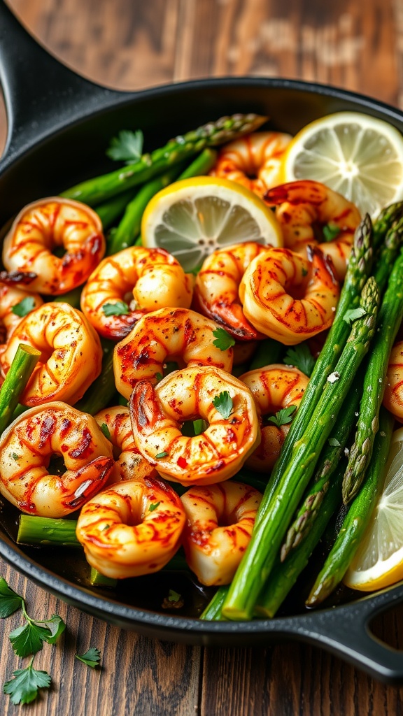 A skillet with blackened shrimp and asparagus, garnished with lemon and parsley on a wooden table.